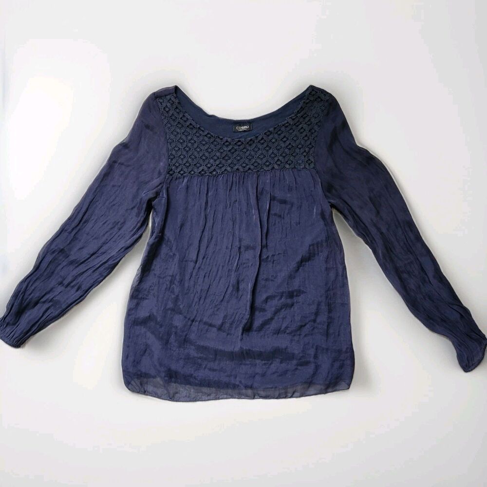 Cosmo Navy Silk Blouse Crochet Detail Lined Long Sleeve Made Italy Womens XS GUC